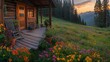 © Iris’s Dreamscapes - Rustic wooden cabin porch with rocking chairs overlooking meadow and mountains at sunset