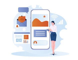 Poster - Businesswoman holding files next to a large smartphone interface with icons and charts, flat graphic style on white background. Concept of mobile productivity. Vector illustration