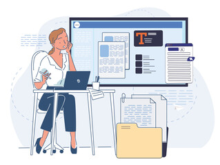 Poster - Woman sitting at desk with laptop, editing and organizing digital documents on a large screen, minimalist flat style on white background. Concept of content creation. Vector illustration