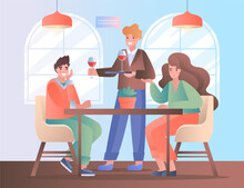 Two friends sitting at a table being served wine by a waiter in a cozy restaurant with large windows and warm lighting. Vector illustration
