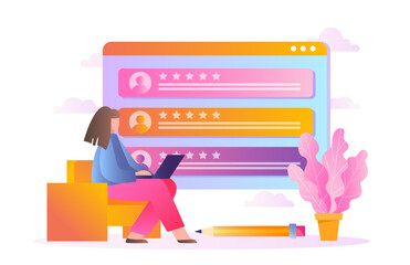 Poster - woman with laptop sitting on chair, rating profiles on a large digital interface, colorful flat styl