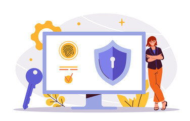 Poster - A woman stands near a computer monitor displaying a fingerprint, shield lock icon, and security checkmark in flat style on a white background. Concept of online data protection. Vector illustration