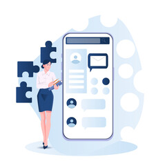 Poster - Professional businesswoman holding documents next to a giant smartphone interface, with puzzle pieces in background, symbolizing mobile strategy concept. Vector illustration
