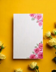 Poster - White paper with pink roses on a yellow background. Bright photo with flowers. Flat lay of blank paper. Space for text in a floral decorative arrangement.