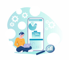 Poster - Woman with headphones working on laptop beside a large smartphone showing charts, graphs, and data, with gear icons on light abstract background. Concept of mobile data analysis. Vector illustration