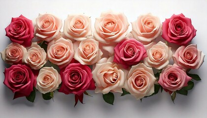 Poster - Roses bloom. Many pink and red flowers. Floral arrangement on bright background. Group of spring blossom. Romantic bloom in row. Simple blossoms grow.