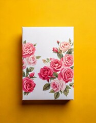 Poster - Pink rose flowers design on canvas. Floral art with red and blush roses and green leaves. Bright yellow background with artwork. Close up shot of flower decoration.