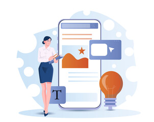 Poster - businesswoman holding folders standing next to a large smartphone with interface elements, icons, an