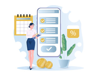 Poster - Businesswoman holding clipboard beside large smartphone screen showing task checklist, with calendar, coins, and plant on a light background. Concept of productivity. Vector illustration