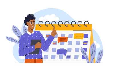 Poster - Smiling man with glasses holding folder and pointing at standing calendar marked with speech bubbles, flat graphic style, on white background. Concept of planning and organizing. Vector illustration