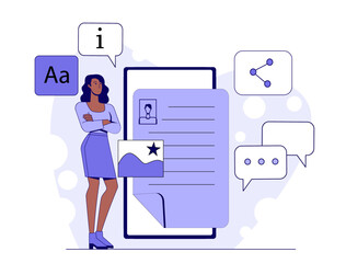 Poster - woman standing with arms crossed beside large digital document interface, surrounded by icons for co