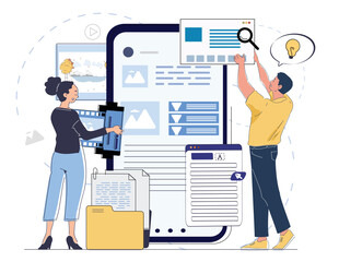 Poster - Two people collaborating on web design with graphics, text, and folders in modern flat style on white background. Concept of teamwork and digital content creation. Vector illustration