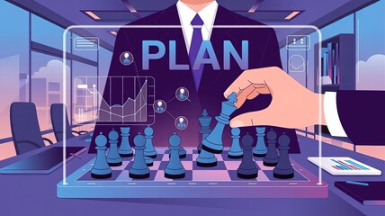 Poster - Strategic Vision: A depiction of a strategic business vision, symbolized by a hand moving a chess piece on a board that showcases planning and strategy, and business concepts