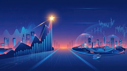 Poster - Soaring Ambition: Futuristic financial illustration with rising graphs, cityscape, and a star signifying goals, symbolizing progress and innovation. 