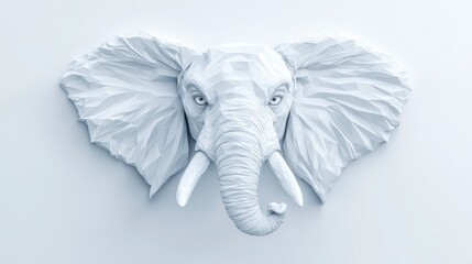 Poster - White Low Poly Elephant Head 3D Render Minimalist Art
