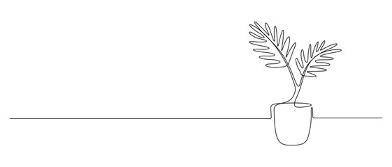 Aufkleber - House plant in pot in one continuous line drawing. Flower in flowerpot for hygge scandinavian decor apartment in simple linear style. Editable stroke. Doodle contour vector illustration