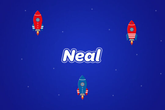 Neal male boy name illustration in blue with rockets.