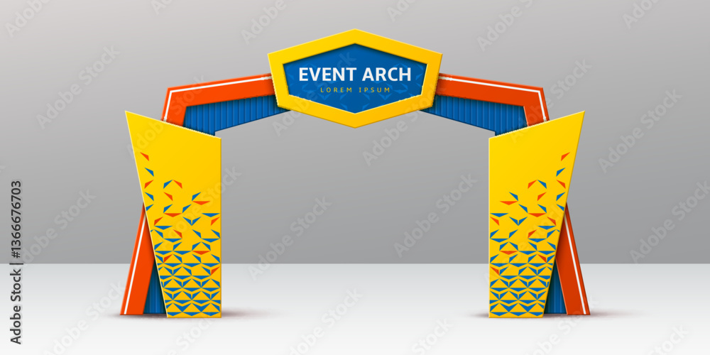 Blue, red and yellow event arch or entrance gate mockup, vector 3D ...