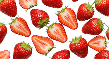 Aufkleber - An overhead view showcases a vibrant display of fresh strawberries both whole and halved on a light surface