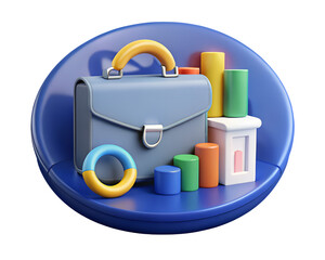 Poster - A stylized briefcase with graph elements displayed on a blue platform in a rendered scene transparent background