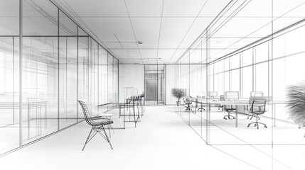 Wireframe design of an office interior on a white background, showcasing the concept of architectural planning Generative AI