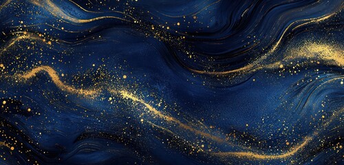 Wall Mural - dark blue and gold particles mix, creating a festive, abstract holiday background with a luxurious f
