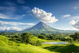A mountain range with a large volcano in the background