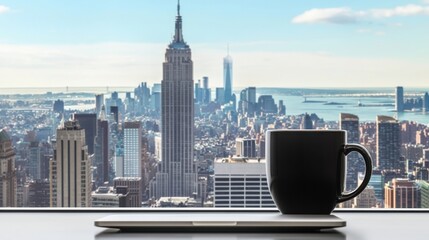 Poster - A black coffee cup sits on a laptop in front of a city skyline
