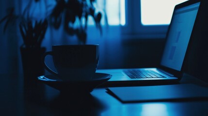 Poster - A laptop is on a table with a cup of coffee next to it