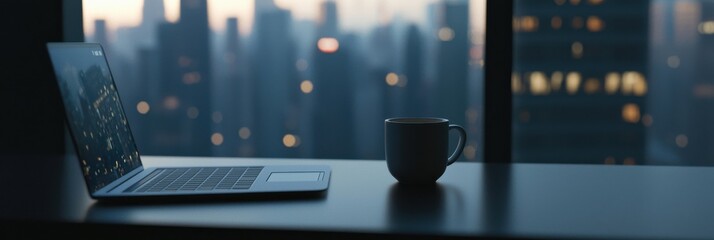 Poster - A laptop is open on a desk with a cup of coffee next to it