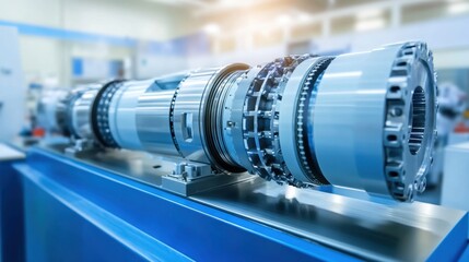 Poster - A wind turbine gearbox being inspected in a high-tech laboratory.