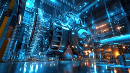 Poster - A wind turbine gearbox being inspected in a high-tech laboratory.