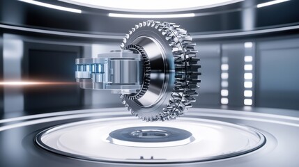 Poster - A wind turbine gearbox being inspected in a high-tech laboratory.