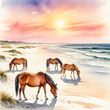 A tranquil watercolor illustration of Assateague Island, Maryland, featuring wild ponies grazing along the sandy dunes
