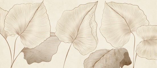 Wall Mural - botanical art background with tropical leaves in line style in brown and beige colors. luxury banner