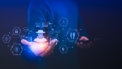 Poster - Person holding a smartphone with a glowing detective icon and cybersecurity symbols, Concept of online privacy, security cyber threats, data breaches, hacking and technology digital security risks.