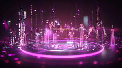Poster - Dynamic urban landscape with digital elements futuristic city graphic art nighttime high-tech vision