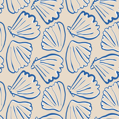 hand drawn sea shells scallops blue seamless pattern in doodle sketchy style on sandy beige backgrou