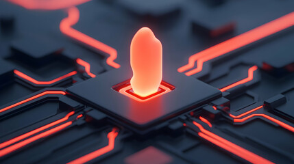 Poster - Glowing Orange AI Chip on Red Circuit Board