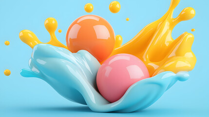 Poster - Colorful Paint Splash with Glossy Spheres on Light Blue Background