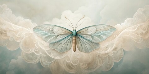 Wall Mural - Serene Teal Butterfly Soaring Through Whimsical Cloudscape, a Decorative Image Perfect for Home Decor