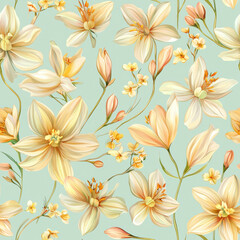 Wall Mural - Delicate yellow flowers and buds in seamless pattern on soft green background