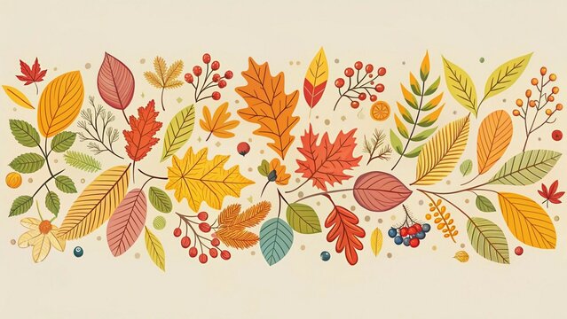 Hand-drawn autumn banner with colorful leaves and berries in retro tones. Flat doodle style. Vector art