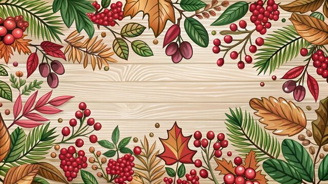 Hand-drawn autumn banner with colorful leaves and berries in retro tones. Flat doodle style. Vector art