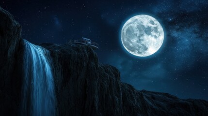 Wall Mural - a peaceful cliffside observatory beside a glowing waterfall, full moon above, galaxy backdrop