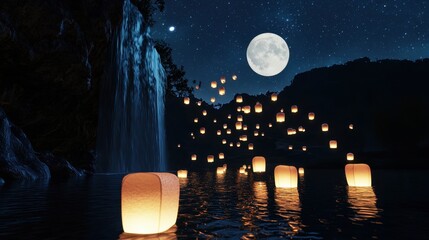 Wall Mural - A night sky celebration near a glowing waterfall, lanterns floating under the full moon, stars twinkling above
