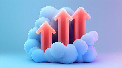 Poster - Three Red Arrows Rising From a Blue Cloud on a Pastel Background