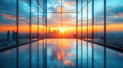 Poster - Panoramic sunset view from a modern office skyscraper.