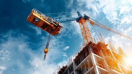 Poster - a large orange construction crane towering against a bright cloudy sky at an active building develop