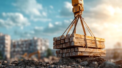 Poster - A large industrial crane lifts a stack of wooden crates or construction materials over a cityscape with buildings in the background